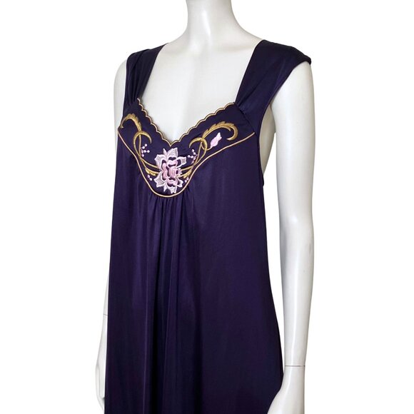 Vintage 70s Vanity Fair Purple Embroidered Slip Long Nightgown M/L Romantic Glam - Picture 8 of 14